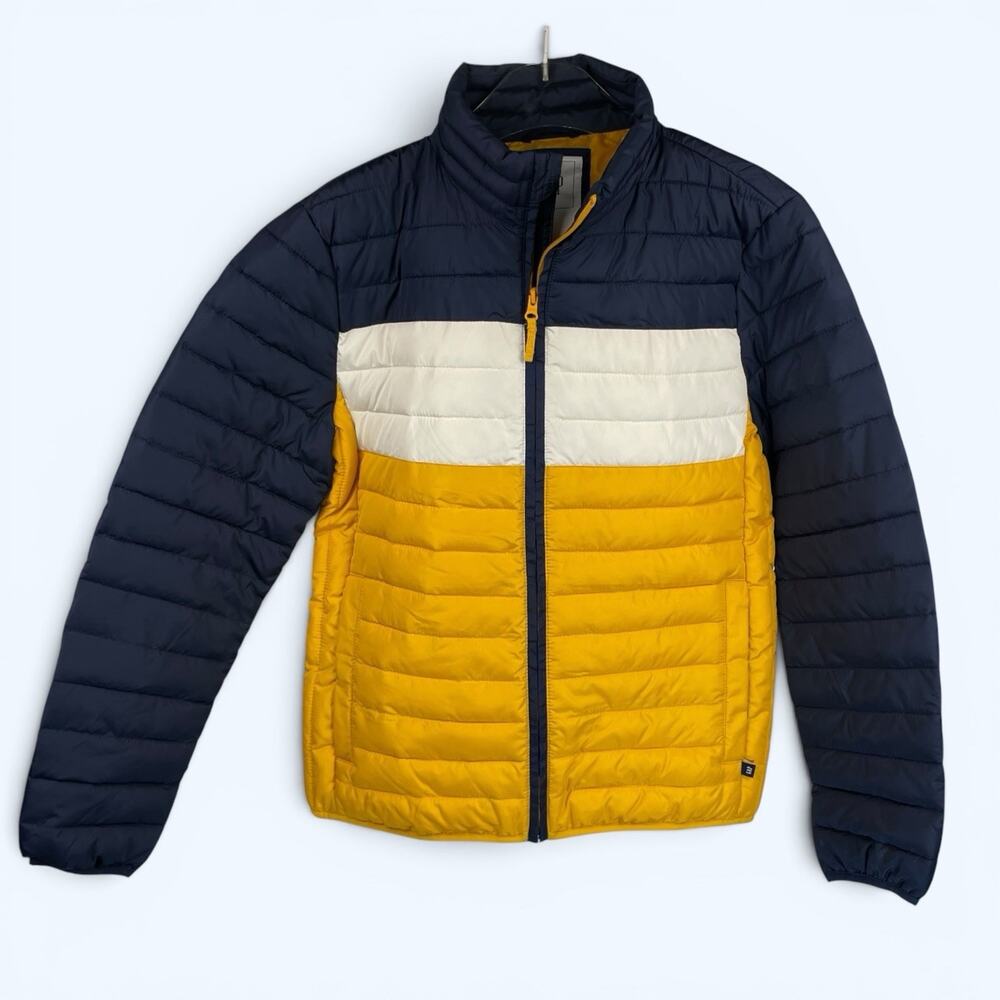 Gap ColdControl Color Block Puffer Jacket Men's Medium Navy Blue Yellow White